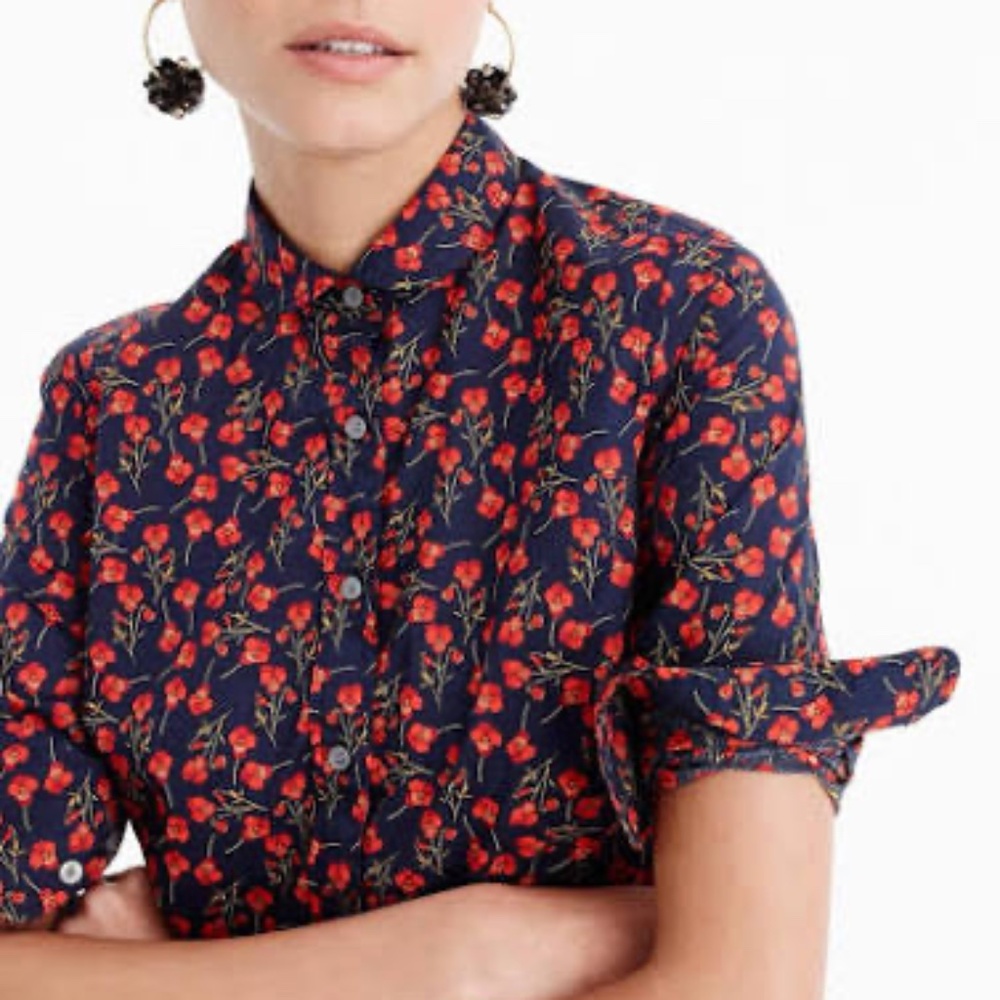 J. Crew Liberty Fabric Navy with Red Flowers Button Down Shirt Size 00 Preppy!
